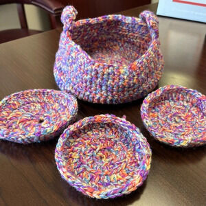 NWT Handmade crochet basket and 3 coasters